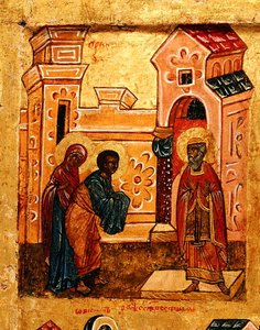 Ikona przedstawiająca Joachima i Annę odwiedzających Świątynię w Jerozolimie, ok. 1550 (tempera i złoty płatek na desce) (detal z 314500) autorstwa School Russian