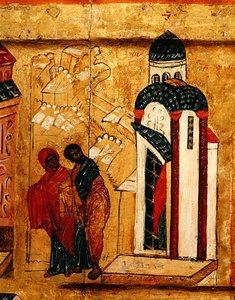 Ikona przedstawiająca odrzucenie darów Joachima i Anny z powodu bezdzietności, ok. 1550 (tempera i złoty płatek na desce) (detal z 314500) autorstwa School Russian