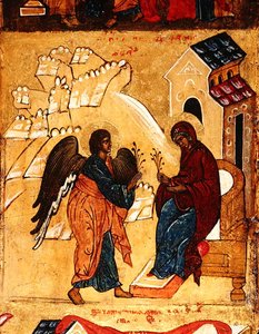 Ikona przedstawiająca Zwiastowanie, ok. 1550 (tempera i złoty płatek na desce) (detal 314500) autorstwa School Russian
