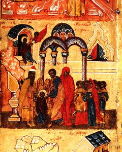 Ikona przedstawiająca niemowlęctwo Dziewicy i jej oddanie Bogu, ok. 1550 (tempera i złoty płatek na desce) (detal z 314500) autorstwa School Russian