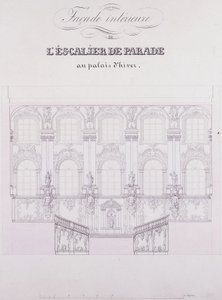 Pierzeja wewnętrzna Schodów Paradnych przy Pałacu Zimowym; Fasada wewnętrzna Schodów Paradnych w Pałacu Zimowym, ok. 1838 (rysunek piórem i tuszem na papierze) autorstwa School Russian