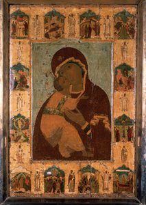 „Dziewica Włodzimierza” (Władimirskaja) Ikona rosyjska. Malowanie na drewnie. 1514 Sobór Zaśnięcia Najświętszej Maryi Panny na Kremlu, Moskwa autorstwa School Russian