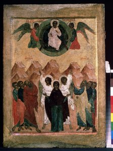 Ikona rosyjska „Wniebowstąpienie Chrystusa”. Malarstwo na drewnie z początku XVI wieku. Regionalne Muzeum Sztuki, Archangielsk autorstwa School Russian