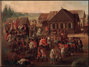 Uroczystości publiczne we wsi Aleksiejewskoje. Obraz rosyjskiego mistrza, olej na płótnie, połowa XIX wieku. Państwowa Galeria Tretiakowska, Moskwa. autorstwa School Russian