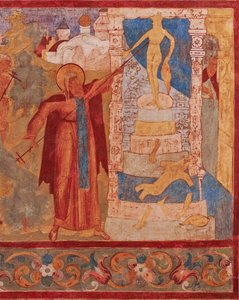 Święty Abraham z Rostowa (śmiertelny w 1074 lub 1077) detruit les idoles de Veles - Abraham z Rostowa niszczy posąg Velesa. Fresk kościoła św. Jana Apostoła na Kremlu Rostowskim - Starożytne rosyjskie freski. Chłodny autorstwa School Russian