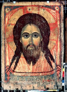 ""Święty Mandylion"" Reprezentacja twarzy Chrystusa wydrukowana na welonie (twarz święta). Ikona rosyjska. Malarstwo na drewnie z końca XIV wieku Państwowa Galeria Trietiakowska, Moskwa autorstwa School Russian