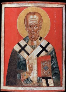 Święty Mikołaj (lub Święty Mikołaj de Myre lub Święty Mikołaj de Bari, 270-345) (św. Mikołaj). Ikona rosyjska, tempera na drewnie, koniec XIII i początek XIV wieku, sztuka z Nowogrodu (Rosja). Państwowej Ermitażu w Sankt Petersburgu. autorstwa School Russian