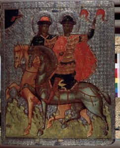 Święci Borys (lub Roman) i Gleb (lub Dawid) na koniu (męczennicy w 1015 r.) (Święci Borys i Gleb na koniu). Młodsi synowie świętego Włodzimierza, wielkiego księcia kijowskiego, zawsze wyróżniali się pobożnością, ale po śmierci ojca, najstarszego Swii autorstwa School Russian