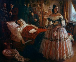 Rosyjski poeta Aleksander Puszkin (Puszkin) (1799-1837) na łożu śmierci w otoczeniu żony Natalii Gontczarowej (Gonczarowej) i przyjaciół Anonimowe malarstwo szkoły rosyjskiej. 1837 Ermitaż w Petersburgu
