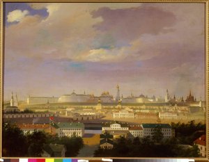 Widok na Kreml Moskiewski z Placu Marsa (Bolotnaya). Malarstwo anonimowe, olej na płótnie, połowa XIX wieku. Sztuka rosyjska, neoklasycyzm. Państwowe Muzeum Historyczne, Moskwa. autorstwa School Russian