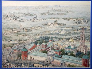 Widok na Klasztor Ławry Trójcy św. Sergiusza (Trinity-Saint-Serge) w Sergiev Posad z procesją wielkanocną z Moskwy. (Widok Ławry Trójcy Sergiusza w Sergijew Posad z Procesją Wielkanocną z Moskwy). Praca mistrza r autorstwa School Russian
