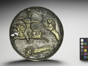 Danie: King Hormizd II lub Hormizd III Hunting Lions, 400-600 (pozłacane srebrem)