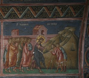 Jezus uzdrawiający dwóch niewidomych, Patriarchat Peć (fresk) autorstwa School Serbian