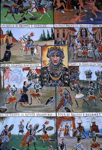 Wystrój teatru lalek Puppi, nawiązujący do sycylijskiej tradycji sięgającej czasów starożytnych i mający na celu opowiedzenie historii najazdów i podbojów normańskich. Palermo, Sycylia, Włochy.