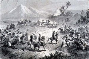 Przygoda, podróżnicy zaatakowani przez bandytów, ilustracja z „Powrotu do świata” (rycina) autorstwa School Spanish