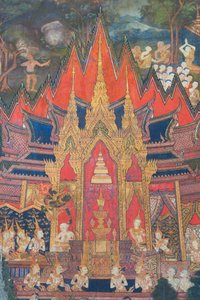 Malowidła ścienne w kaplicy Buddhaisawan przedstawiające Indrę zstępującego z niebios wkrótce po kremacji Buddy, wyrywającego najcenniejszą relikwię, ząb ukryty w koku bramina. autorstwa School Thai
