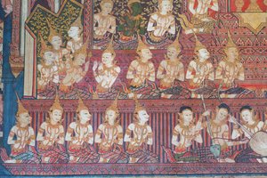 Malowidła ścienne w kaplicy Buddhaisawan przedstawiające uroczystości królewskiego ślubu rodziców Bodhisattwy, króla Suddhodany z klanu Sakya i księżniczki Mahamayi. autorstwa School Thai