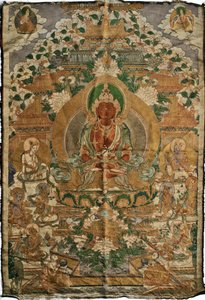 Amitabha (budda czystej ziemi) - Malarstwo tybetańskie, pigmenty i złoto na tkaninie, koniec XIX wieku, 74x51 cm - (Budda Amitayus Thangka, kultura tybetańska, Pigmenty i złoto na tkaninie, koniec XIX w.) - Kolekcja prywatna