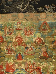 Fragment Trzeciego Panczenlamy Losan Penden Yeshe (gwasz na tkaninie) autorstwa School Tibetan