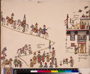 Ilustracja przedstawiająca część ceremonii ślubnej: panna młoda jest odbierana z domu, ok. 1844-62 (pigmenty na papierze) autorstwa School Tibetan