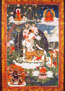 Bodhisattwa Avalokiteśwara Padmapani siedzący, tanka lub thangka (sztandar buddyjski), cywilizacja tybetańska
