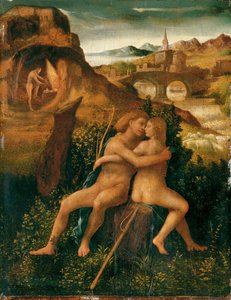 Wenus i Mars w krajobrazie rzecznym z Wulkanem pracującym w jego kuźni, ok. 1500 (olej na panelu) autorstwa School Venetian