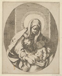 Dziewica trzymająca Dzieciątko Chrystus na kolanach, kompozycja owalna, wg Reni, 1620-50., 1620-50. autorstwa School of Guido Reni