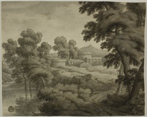 Włoski krajobraz z zamkiem, drzewami i wodą na pierwszym planie autorstwa School of Nicolas Poussin