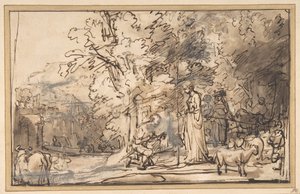 Spotkanie Jakuba i Racheli przy studni, 1640-49. autorstwa School of Rembrandt van Rijn