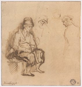 Kobieta siedząca na ławce i trzy szkice głów autorstwa School of Rembrandt van Rijn