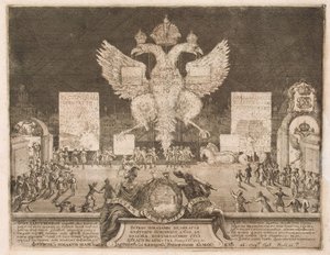Fajerwerki w Moskwie 1 stycznia 1704 r. z okazji zdobycia szwedzkiej twierdzy Nyenskans, 1705 r. autorstwa Schoonebeek