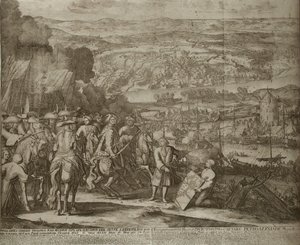 Oblężenie tureckiej twierdzy Azow przez wojska rosyjskie w 1696 r., um 1700 autorstwa Schoonebeek