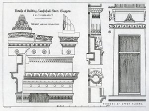 Detale architektoniczne Grecian Chambers, 336-356 Sauchiehall Street, Glasgow, projekt Alexander Greek Thomson, 1869 autorstwa Scottish School
