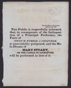 Zawiadomienie o zmianie wystawianego spektaklu w Theatre Royal, Edynburg, 30 września 1829 (lito)