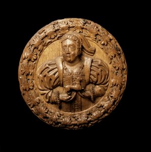 Roundel, przypuszczalnie przedstawiał Margaret Tudor, ze stropu Sali Obecności Królów w zamku Stirling, 1540 (drewno dębowe)