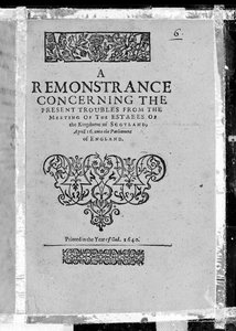 Strona tytułowa Remonstracji dotyczącej obecnych kłopotów ze spotkania stanów Królestwa Szkocji, opublikowana w 1640 r. (druk) autorstwa Scottish School