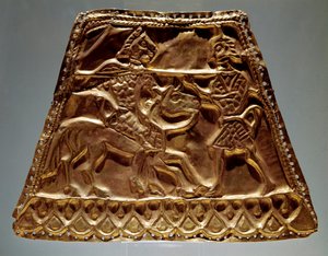 Złota prześcieradło przedstawiające jeźdźca atakującego wojownika włócznią (sztuka scytyjska, V-III w. p.n.e.) autorstwa Scythian