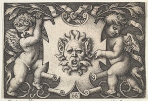 Maska na tarczy podtrzymywana przez dwóch geniuszy, 1544. autorstwa Sebald Beham