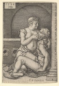 Cimon siedzący przy kolumnie po prawej stronie, ssący klęczącego obok Pero, 1544. autorstwa Sebald Beham