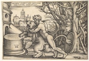 Herkules, z profilu, zabija lwa nemejskiego z ramieniem na jego szyi, z „Labo…, 1548.