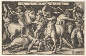 Herkules ze swoją maczugą w centrum walczy z centaurem, inni mężczyźni walczą z centaurami, by zostawić..., 1542.