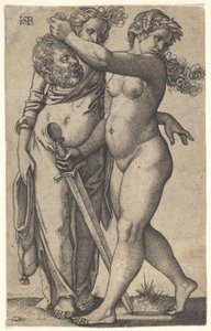 Judyta idąca w lewo z głową Holofernesa w prawej ręce i przekleństwem..., ok. godz. 1530-50. autorstwa Sebald Beham