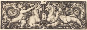 Ornament z dwoma geniuszami jeżdżącymi na dwóch chimerach autorstwa Sebald Beham