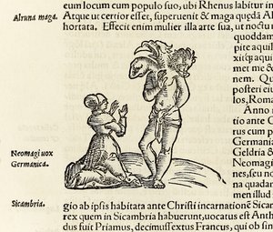 Wiedźma przywołuje trójgłowego demona z wydania „Cosmographia” Sebastiana Munstera z 1550 r. (drzewryt)