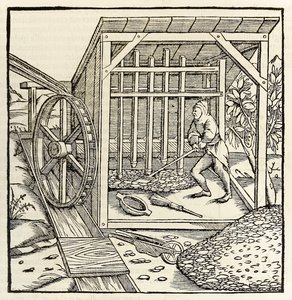 Wydobywanie z kołem wodnym, z wydania „Cosmographia” z 1550 r. Sebastiana Munstera (drzewryt)