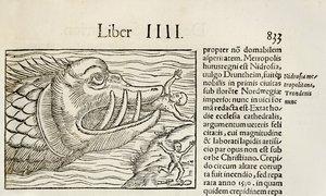 Wieloryb potworny pożerający ludzi, z wydania „Cosmographia” Sebastiana Munstera z 1550 r. (drzewryt) autorstwa Sebastian Munster