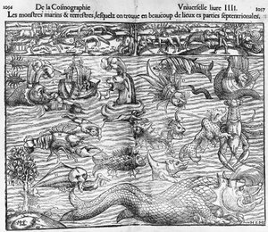 Potwory morskie i ziemskie, ilustracja z Cosmographia Universalis, autorstwa Sebastiana Munstera (1489-1552)