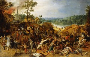 Krajobraz z Marauders atakującymi wagon i plądrujących wioskę,