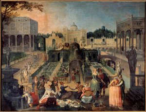 Impreza w parku księcia Mantui Piknik, muzyka, szarmanckie sceny w ogrodach pałacu księcia Gonzagi (Gonzaga). Obraz Sebastiena Vrancxa (1573-1647) XVII w. Niedz. 1,42 x 1,88 m Rouen musee des Beaux Arts