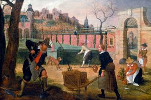 Ogrodnicy przy pracy w formalnym ogrodzie na obrzeżach miasta. Obraz namalowany przez Sebastiana Vrancxa (1573-1647). Kolekcja prywatna.